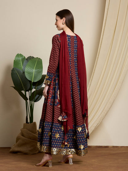 Ethnic Floral Printed & Embroidered Anarkali with Pant & Dupatta - Multi