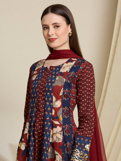 Ethnic Floral Printed & Embroidered Anarkali with Pant & Dupatta - Multi