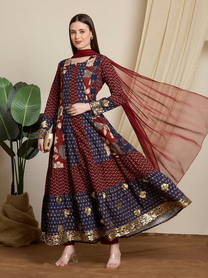 Ethnic Floral Printed & Embroidered Anarkali with Pant & Dupatta - Multi