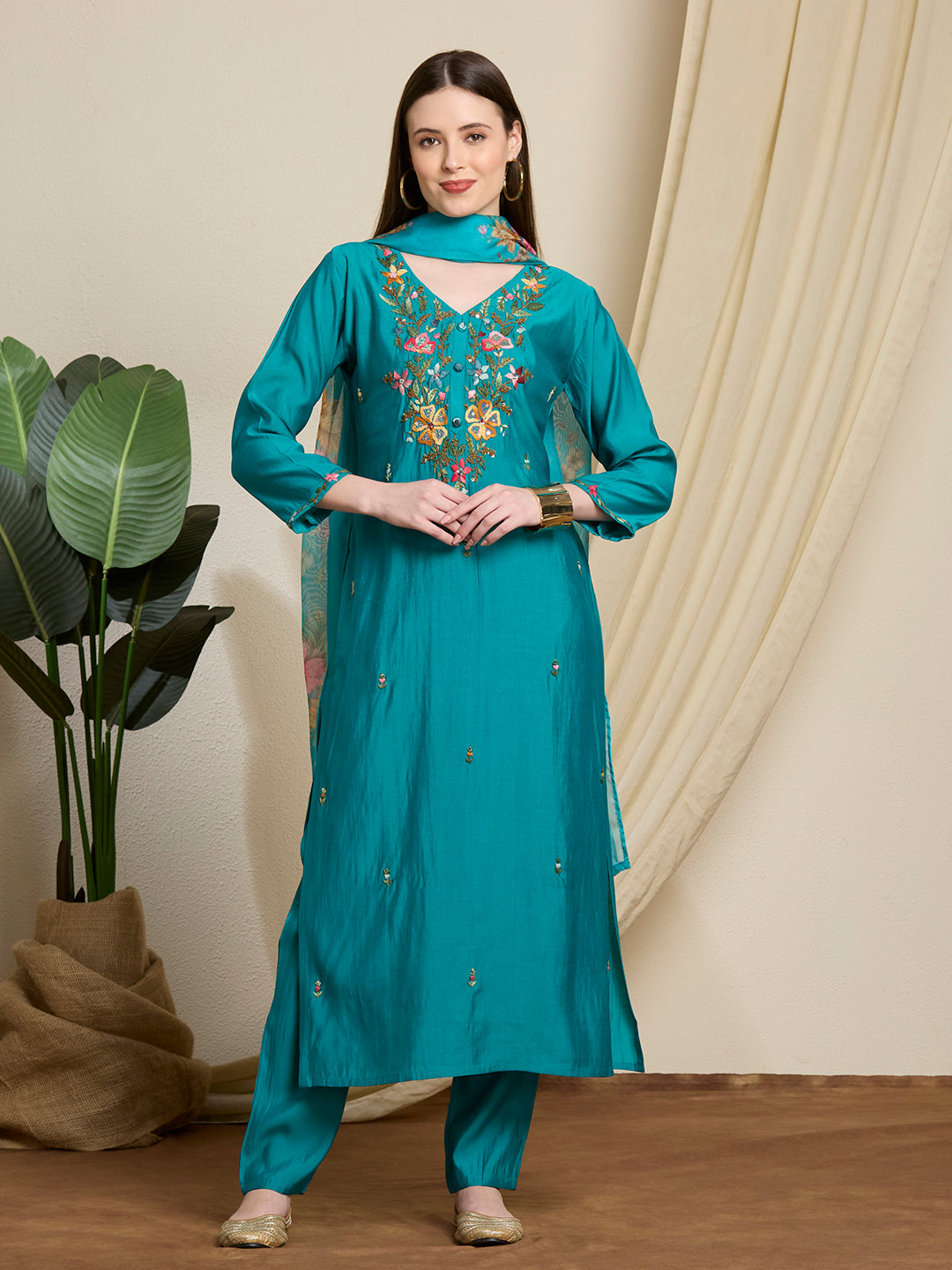 Solid Floral Hand Embroidered Straight Kurta with Pant & Dupatta - Sea Green