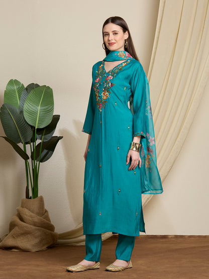 Solid Floral Hand Embroidered Straight Kurta with Pant & Dupatta - Sea Green