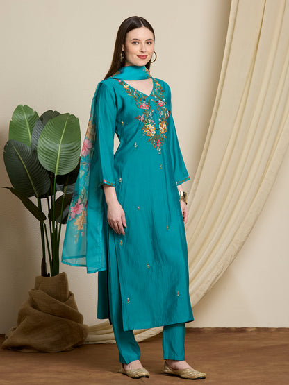 Solid Floral Hand Embroidered Straight Kurta with Pant & Dupatta - Sea Green
