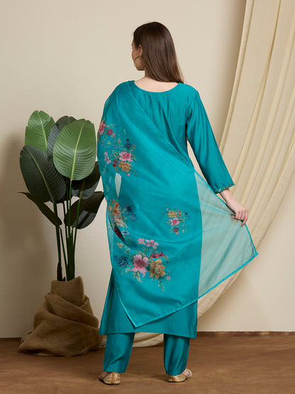 Solid Floral Hand Embroidered Straight Kurta with Pant & Dupatta - Sea Green