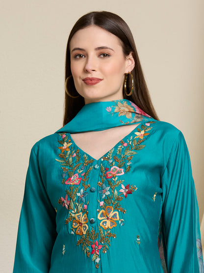 Solid Floral Hand Embroidered Straight Kurta with Pant & Dupatta - Sea Green