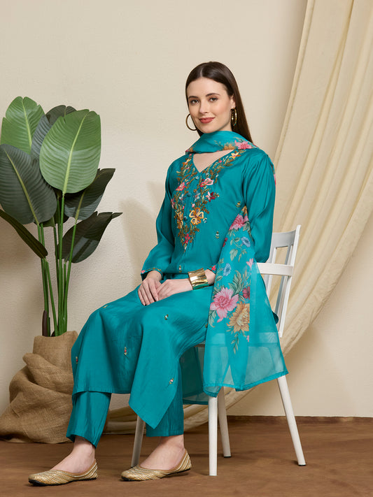 Solid Floral Hand Embroidered Straight Kurta with Pant & Dupatta - Sea Green