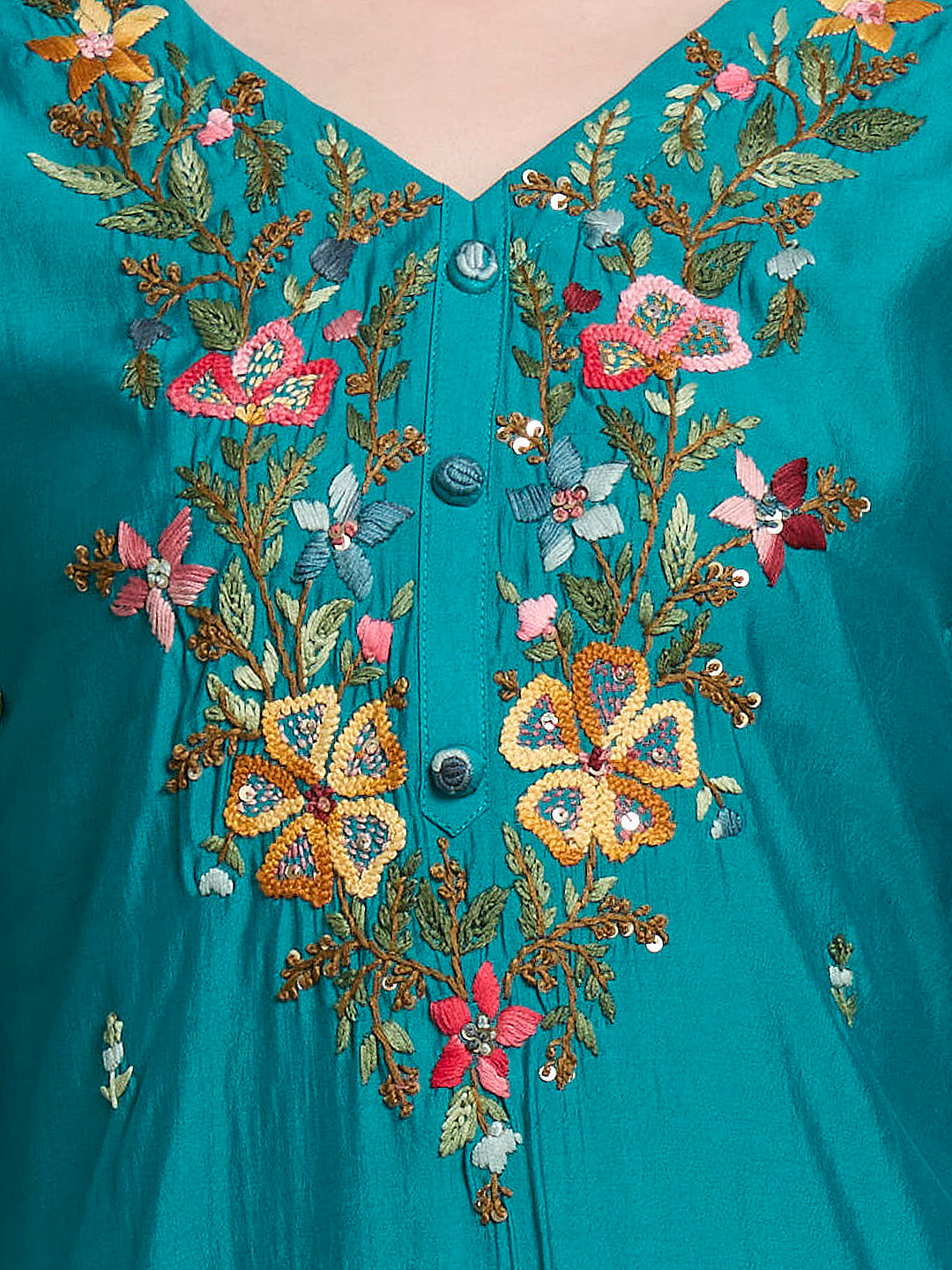 Solid Floral Hand Embroidered Straight Kurta with Pant & Dupatta - Sea Green