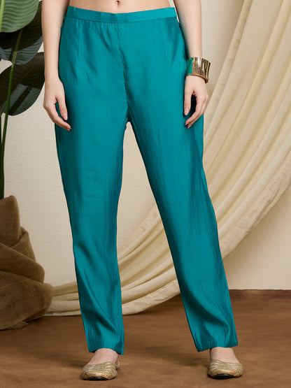 Solid Floral Hand Embroidered Straight Kurta with Pant & Dupatta - Sea Green