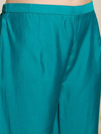 Solid Floral Hand Embroidered Straight Kurta with Pant & Dupatta - Sea Green