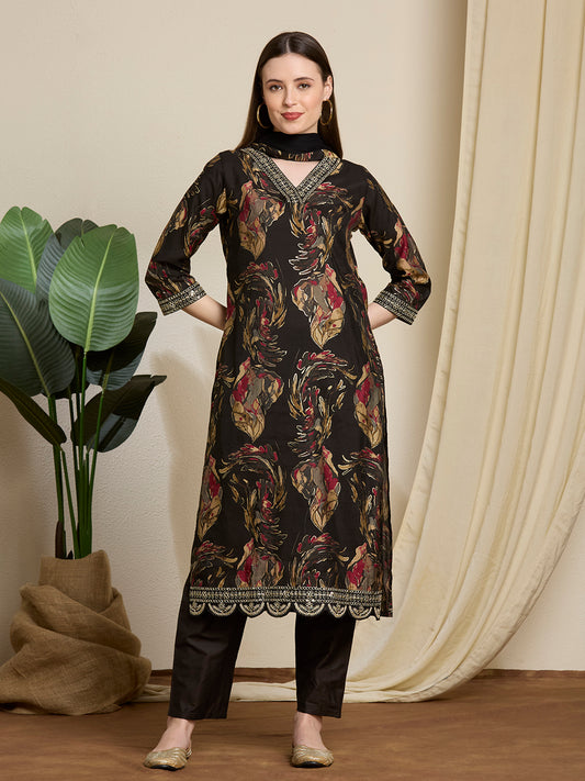 Floral Foil Printed Straight Kurta with Pant & Dupatta - Black