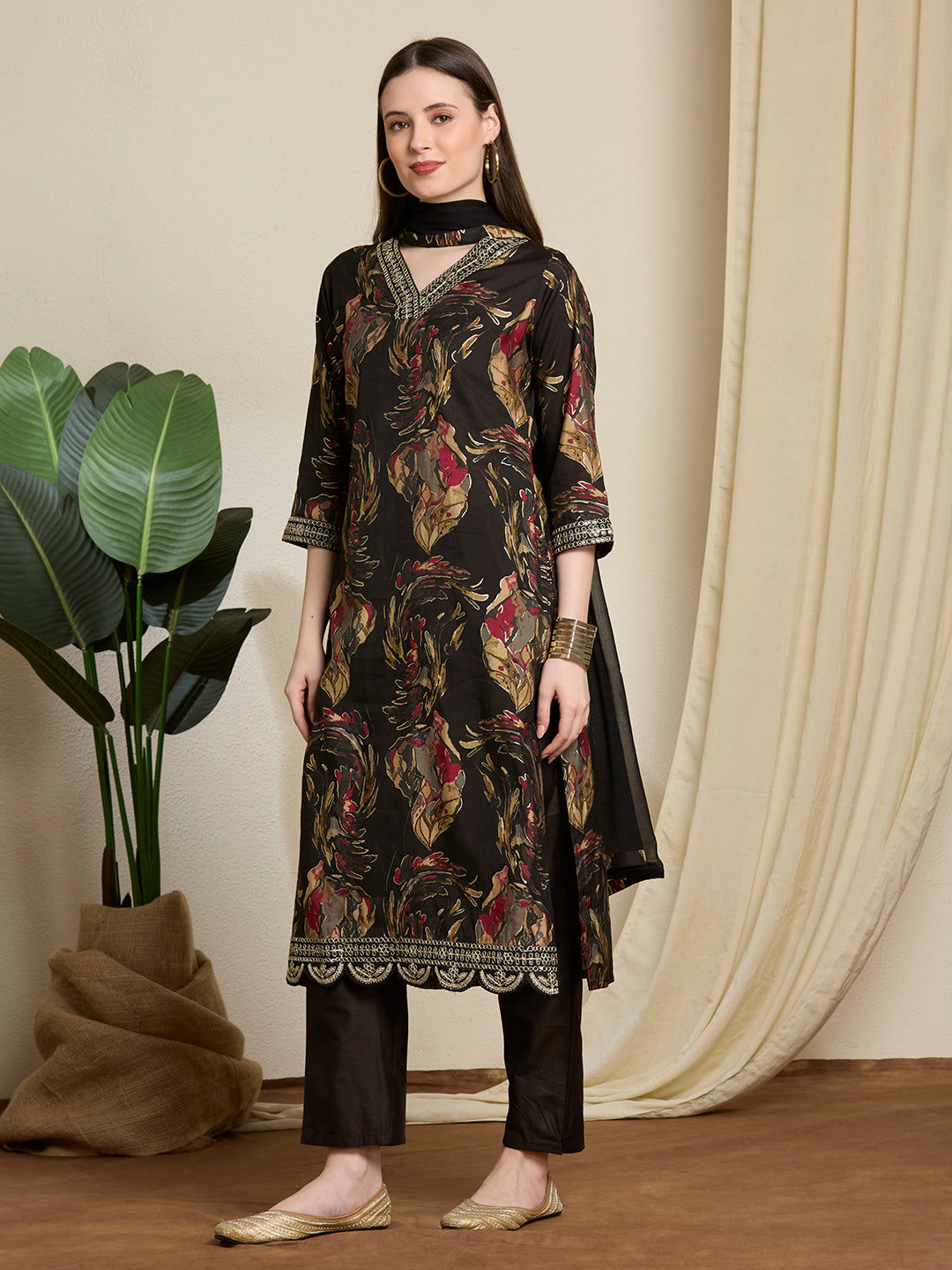 Floral Foil Printed Straight Kurta with Pant & Dupatta - Black