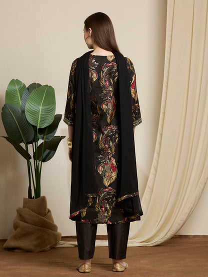 Floral Foil Printed Straight Kurta with Pant & Dupatta - Black
