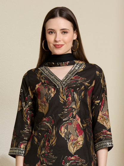 Floral Foil Printed Straight Kurta with Pant & Dupatta - Black