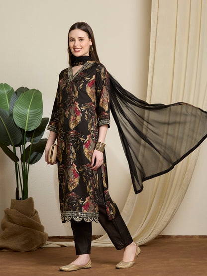 Floral Foil Printed Straight Kurta with Pant & Dupatta - Black