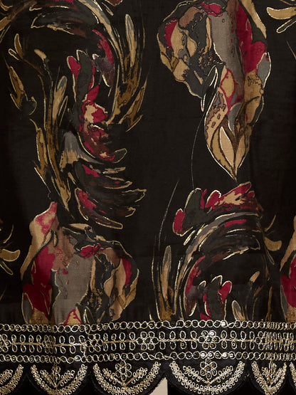 Floral Foil Printed Straight Kurta with Pant & Dupatta - Black