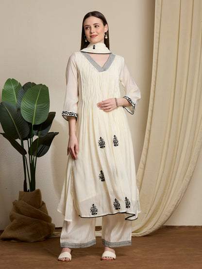 Solid Ethnic Embroidered A-Line Pleated Kurta with Palazzo & Dupatta - Off White