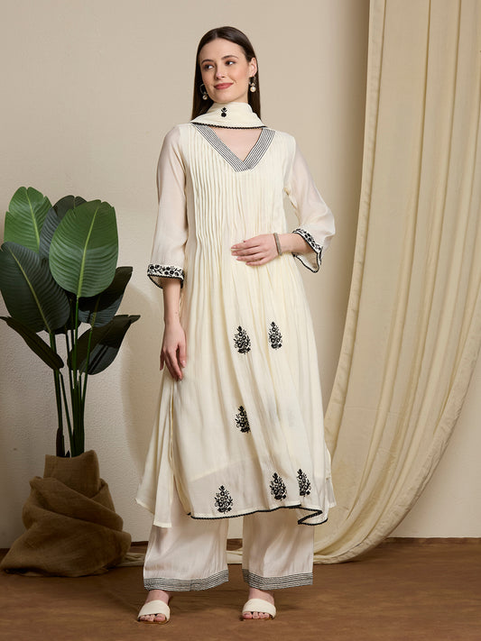 Solid Ethnic Embroidered A-Line Pleated Kurta with Palazzo & Dupatta - Off White