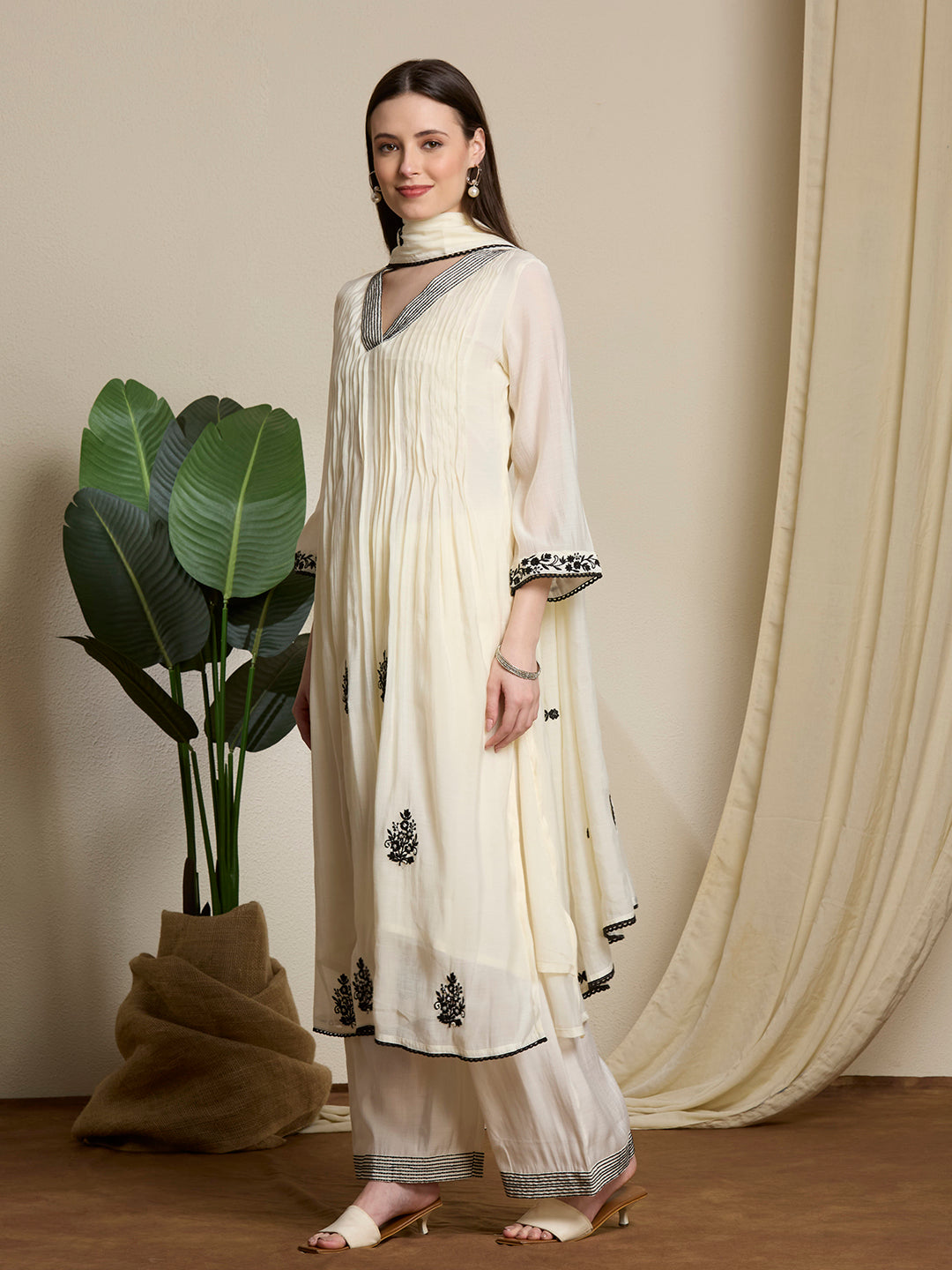 Solid Ethnic Embroidered A-Line Pleated Kurta with Palazzo & Dupatta - Off White