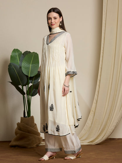 Solid Ethnic Embroidered A-Line Pleated Kurta with Palazzo & Dupatta - Off White