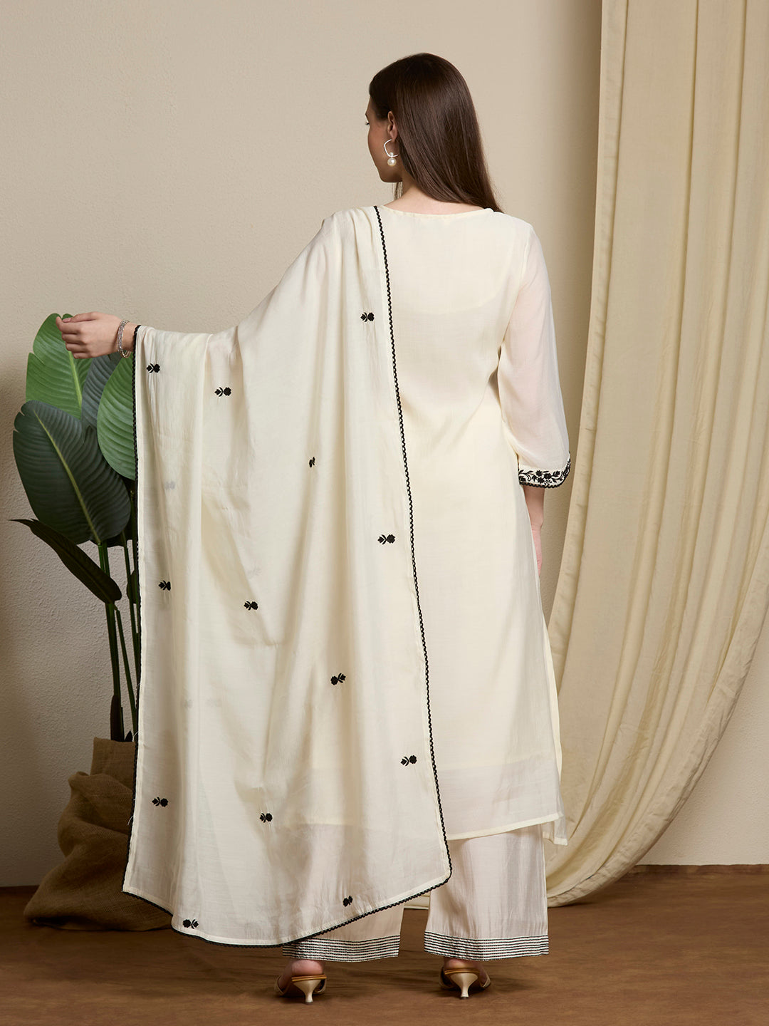 Solid Ethnic Embroidered A-Line Pleated Kurta with Palazzo & Dupatta - Off White