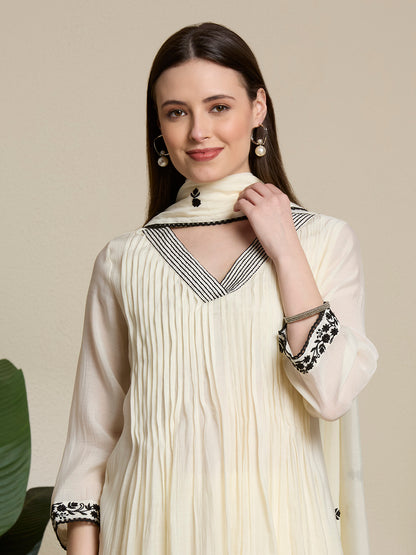 Solid Ethnic Embroidered A-Line Pleated Kurta with Palazzo & Dupatta - Off White