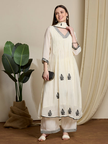 Solid Ethnic Embroidered A-Line Pleated Kurta with Palazzo & Dupatta - Off White