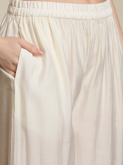 Solid Ethnic Embroidered A-Line Pleated Kurta with Palazzo & Dupatta - Off White