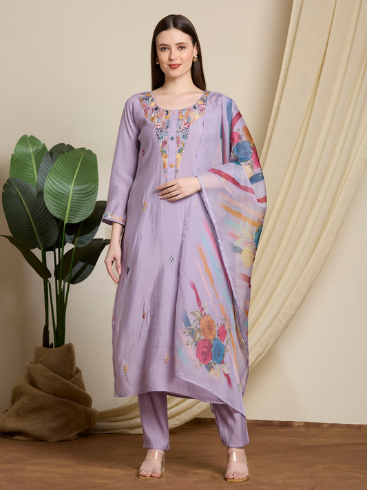 Solid Floral Hand Embroidered Straight Kurta with Pant & Dupatta - Lavender