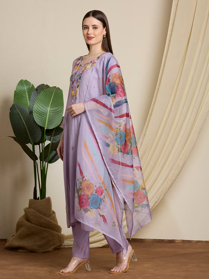 Solid Floral Hand Embroidered Straight Kurta with Pant & Dupatta - Lavender