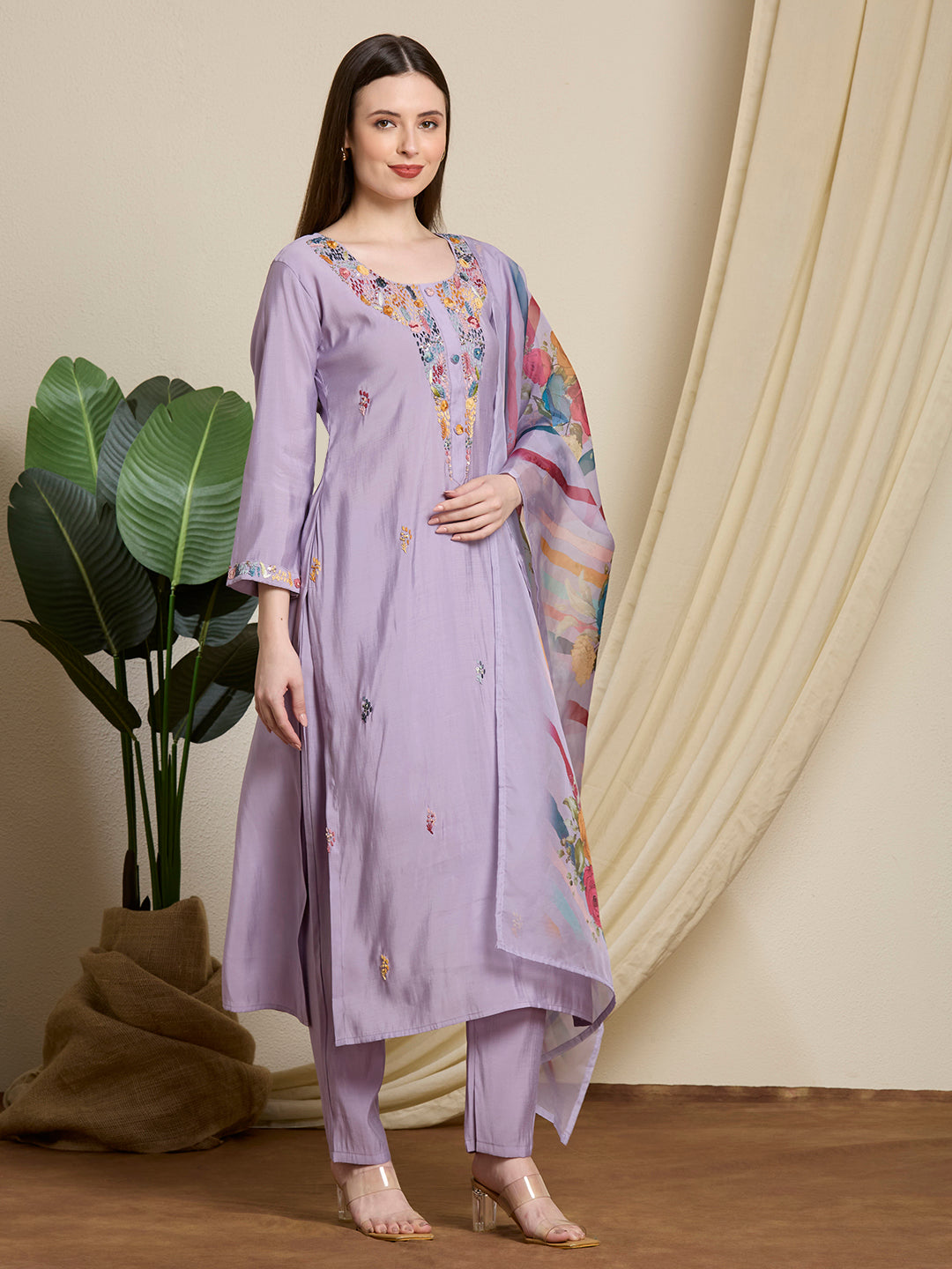 Solid Floral Hand Embroidered Straight Kurta with Pant & Dupatta - Lavender