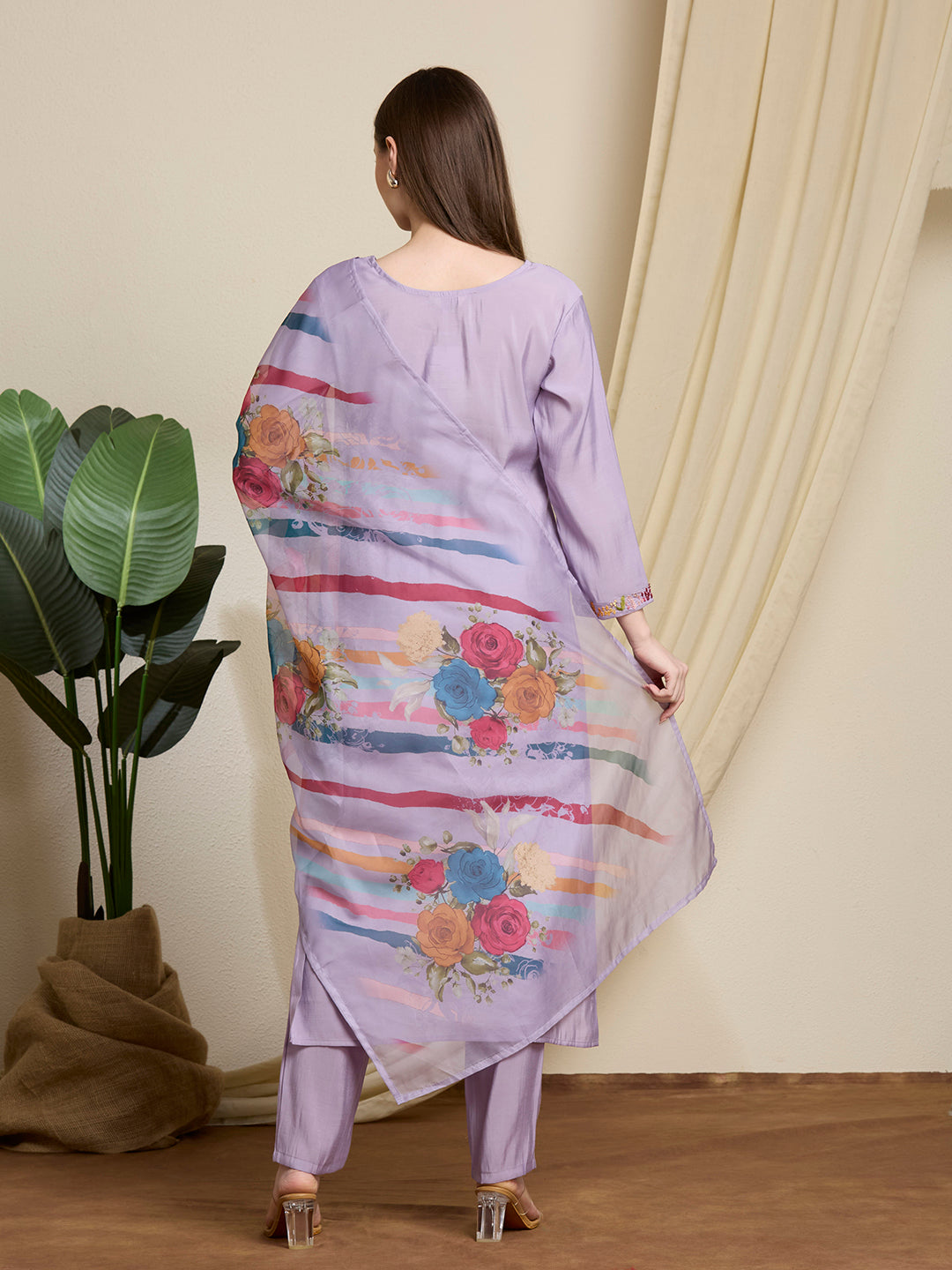 Solid Floral Hand Embroidered Straight Kurta with Pant & Dupatta - Lavender