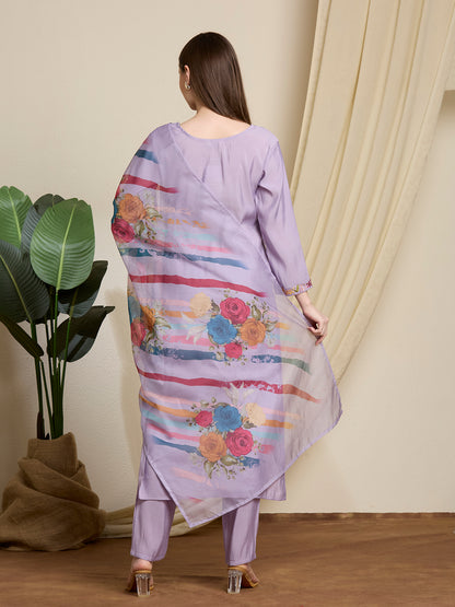 Solid Floral Hand Embroidered Straight Kurta with Pant & Dupatta - Lavender