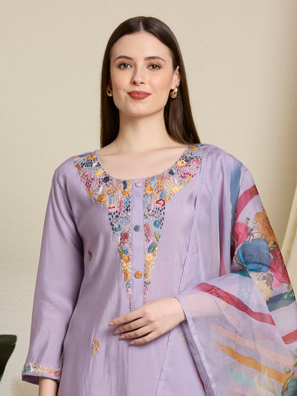 Solid Floral Hand Embroidered Straight Kurta with Pant & Dupatta - Lavender