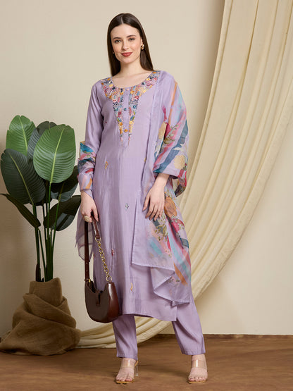 Solid Floral Hand Embroidered Straight Kurta with Pant & Dupatta - Lavender