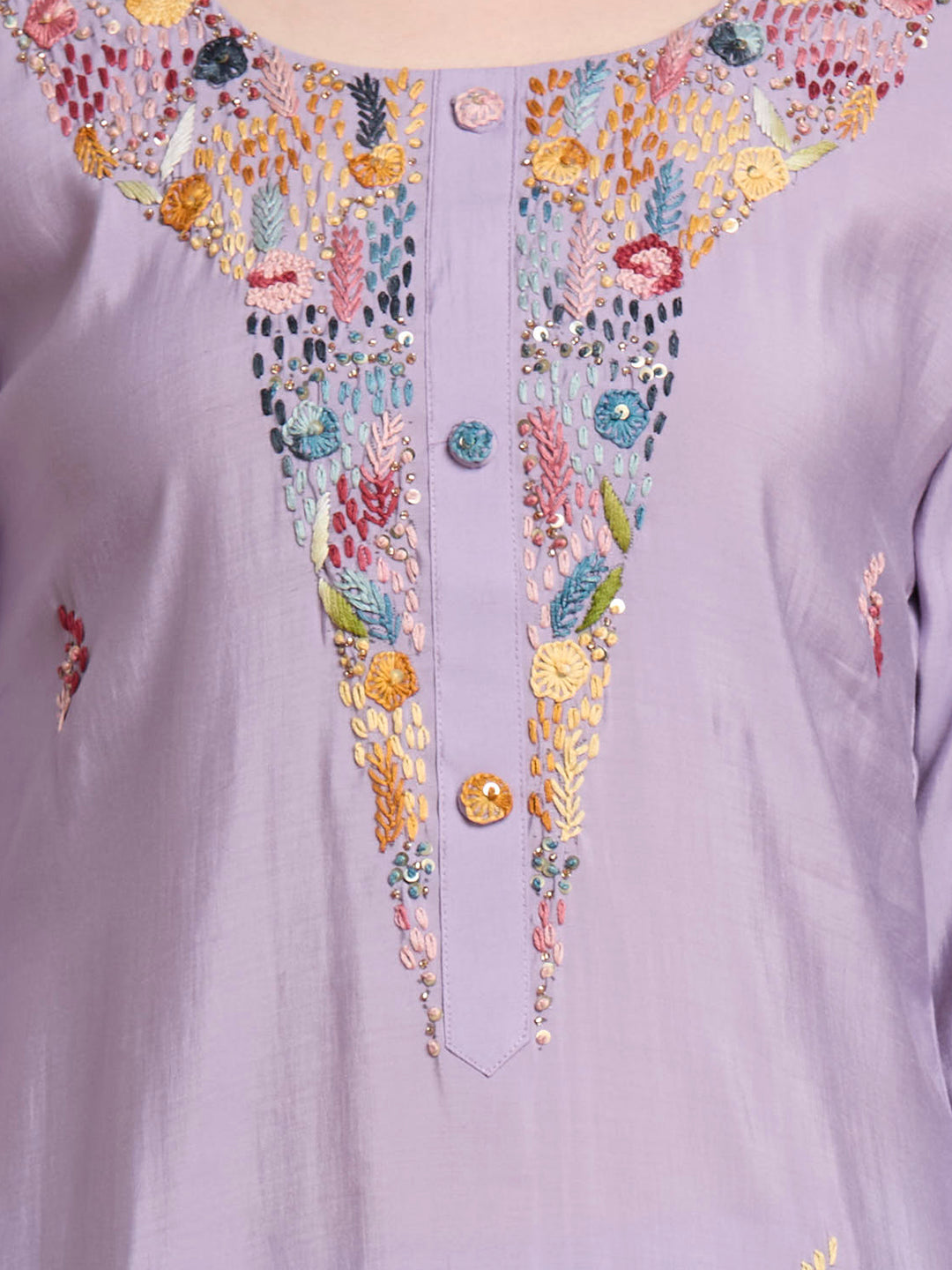 Solid Floral Hand Embroidered Straight Kurta with Pant & Dupatta - Lavender