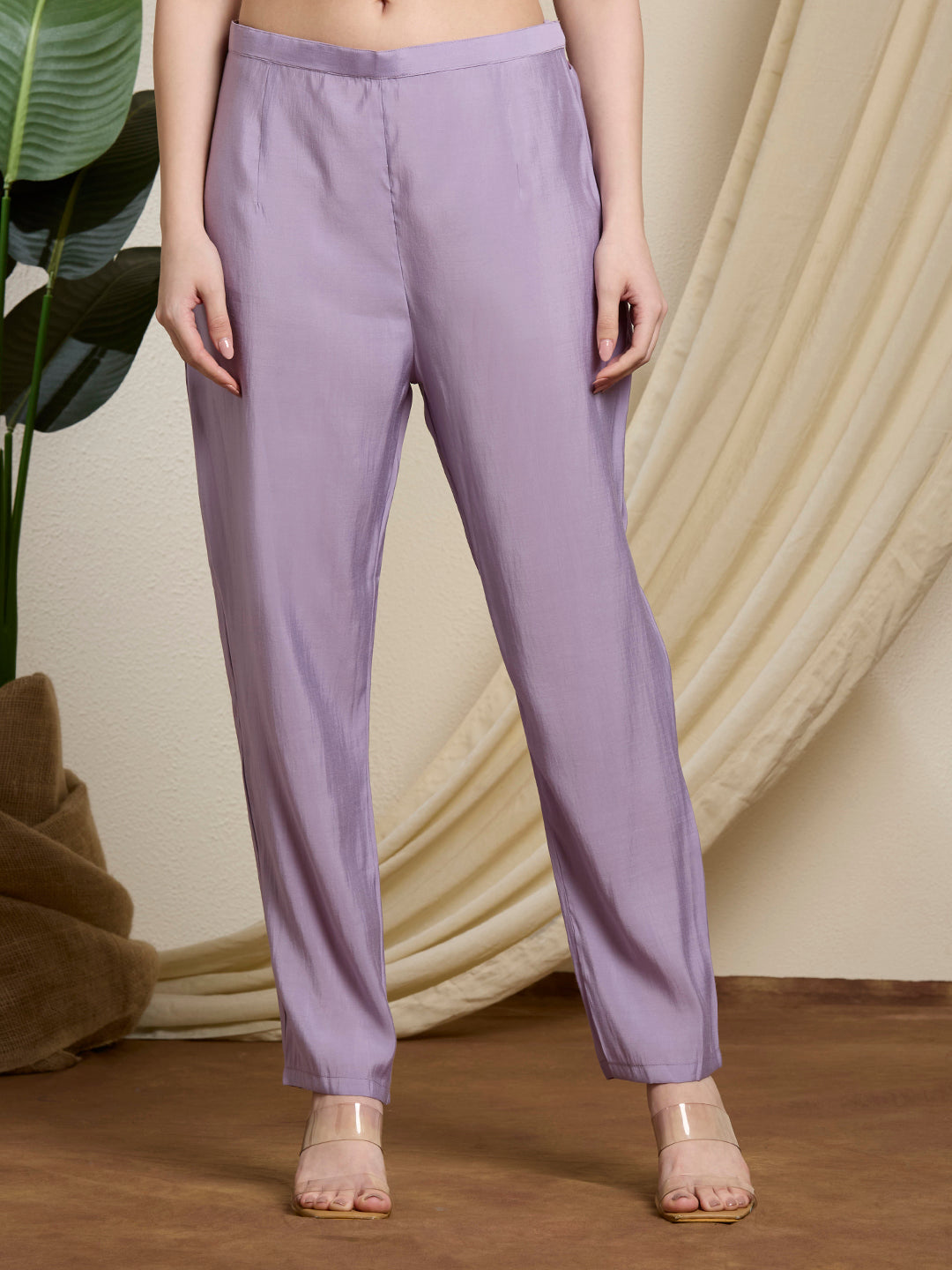 Solid Floral Hand Embroidered Straight Kurta with Pant & Dupatta - Lavender