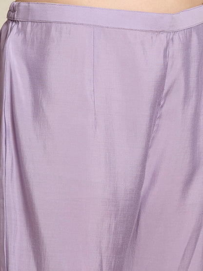 Solid Floral Hand Embroidered Straight Kurta with Pant & Dupatta - Lavender