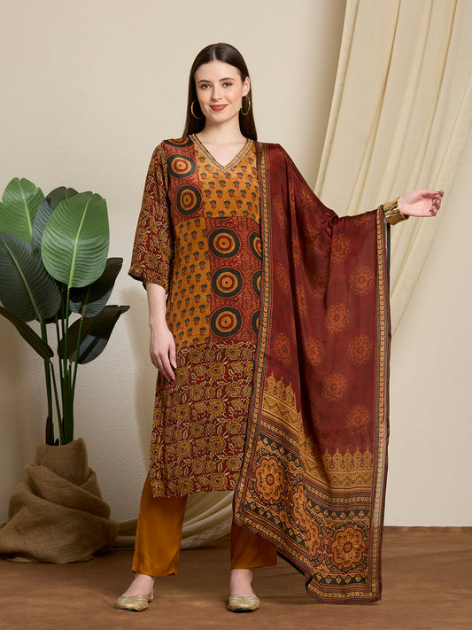 Ethnic Printed & Embroidered Straight Kurta with Pant & Dupatta - Mustard