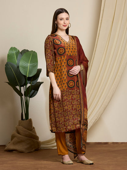 Ethnic Printed & Embroidered Straight Kurta with Pant & Dupatta - Mustard