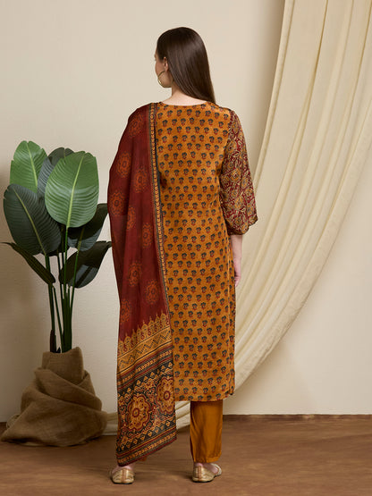 Ethnic Printed & Embroidered Straight Kurta with Pant & Dupatta - Mustard