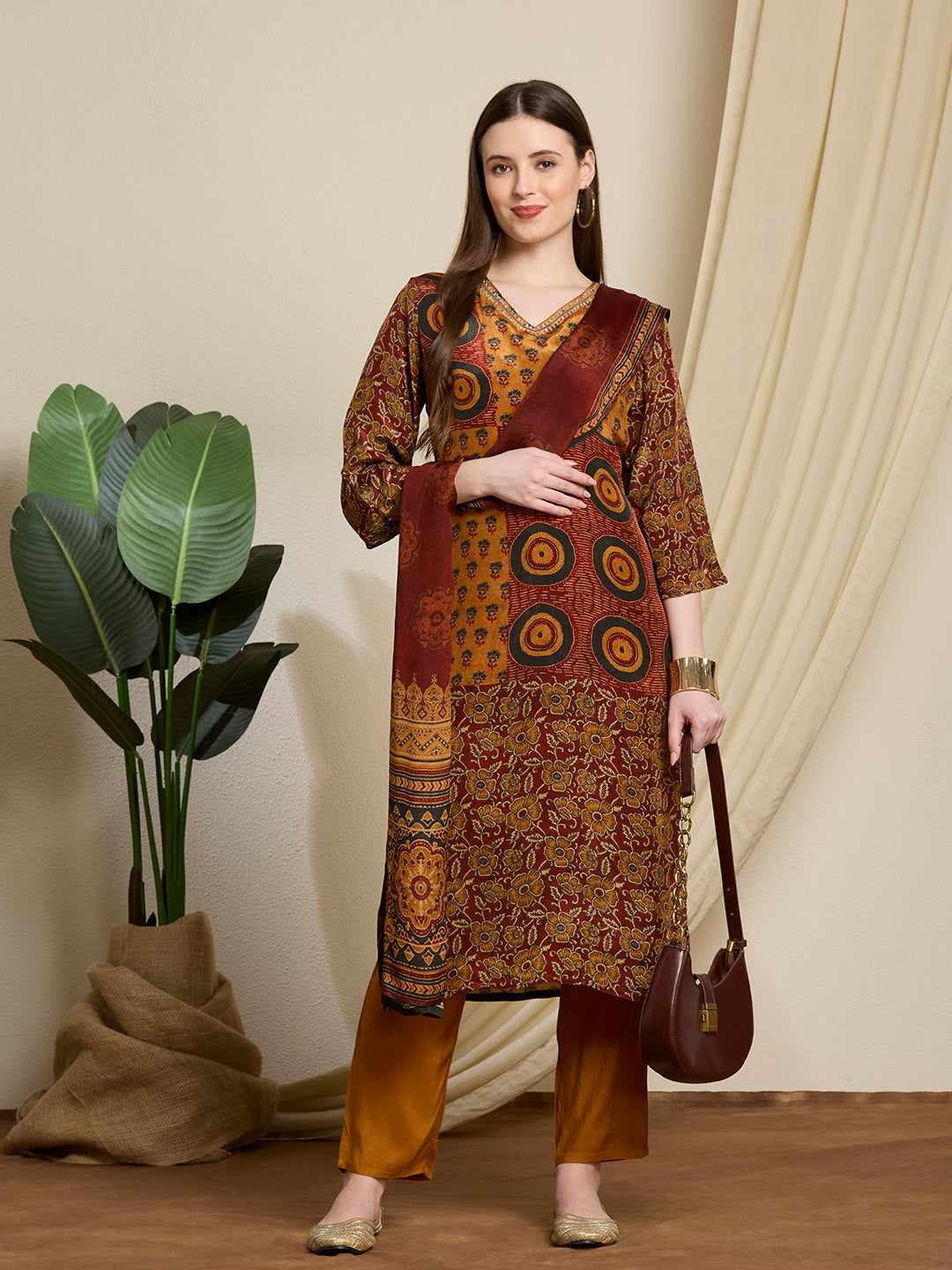 Ethnic Printed & Embroidered Straight Kurta with Pant & Dupatta - Mustard