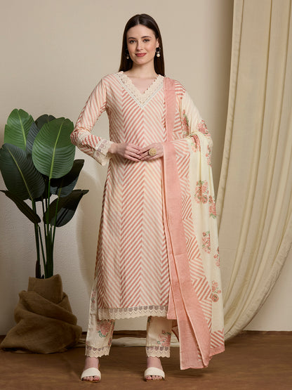 Chevron & Floral Printed Straight Kurta with Palazzo & Dupatta - Pink