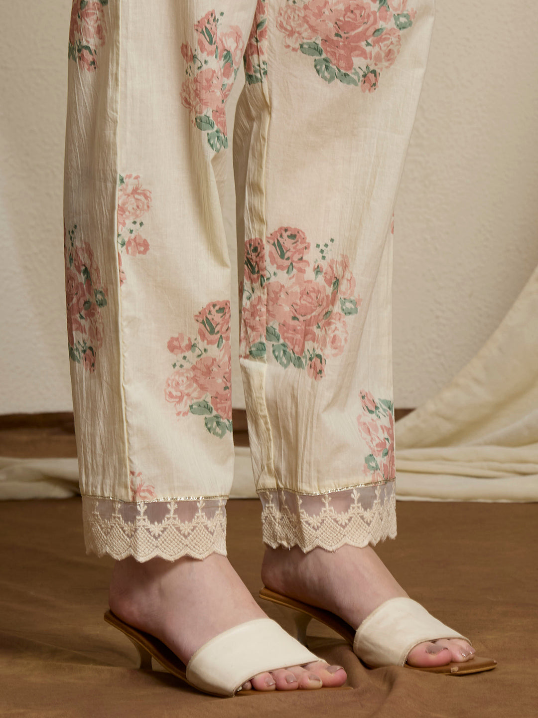 Chevron & Floral Printed Straight Kurta with Palazzo & Dupatta - Pink