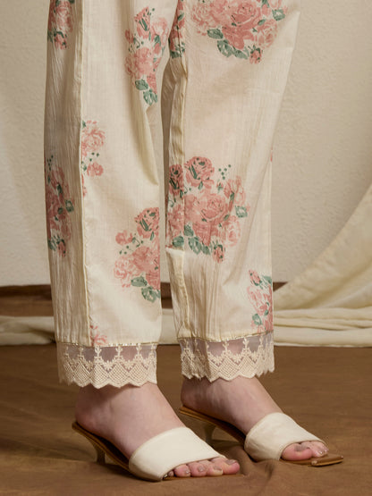 Chevron & Floral Printed Straight Kurta with Palazzo & Dupatta - Pink