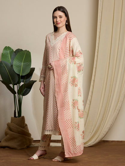Chevron & Floral Printed Straight Kurta with Palazzo & Dupatta - Pink