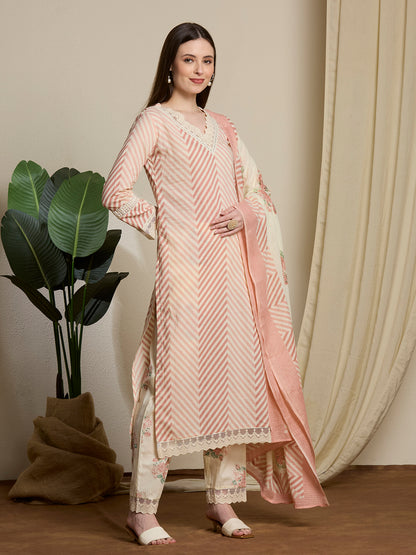 Chevron & Floral Printed Straight Kurta with Palazzo & Dupatta - Pink