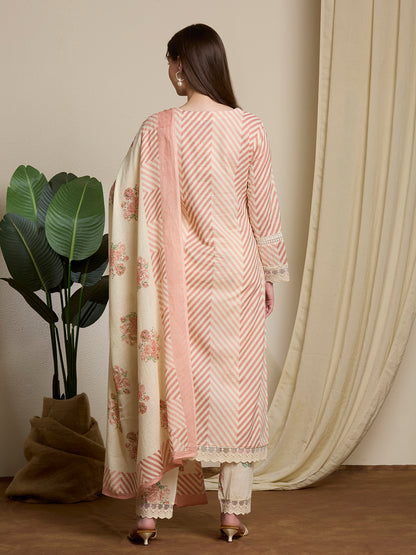 Chevron & Floral Printed Straight Kurta with Palazzo & Dupatta - Pink