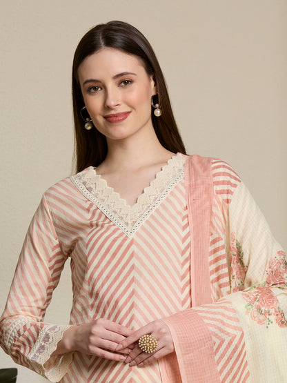 Chevron & Floral Printed Straight Kurta with Palazzo & Dupatta - Pink