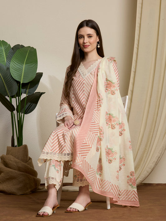 Chevron & Floral Printed Straight Kurta with Palazzo & Dupatta - Pink