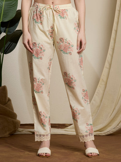 Chevron & Floral Printed Straight Kurta with Palazzo & Dupatta - Pink