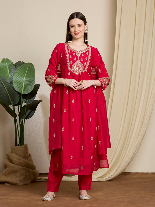Festive Solid Sequin Embroidered A-Line Paneled Kurta with Pant and Dupatta - Red